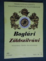 Bor címke,Balatonboglár pince borgazdaság, Boglári zöldszilváni, 1 l.