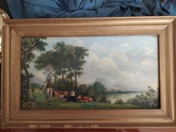 Antik festmény olaj falemez, eredeti keretében, hibátlan, 37 x 23/ 31 x 17 cm