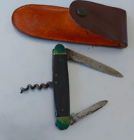 Vintage régi három funkciós patinás réz és bakelit bicska, eredeti bőr ővre fűzhető tokban