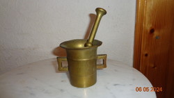 Antik rézmozsár , 8,5 cm ,  törövel  12 cm