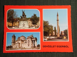 Képeslap, Eger,mozaik, Dobó I. szobor,Bazilika,Minaret,látkép,részletek, 1982-