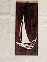 Balatoni emlék vitorlás Hévíz falikép 26x11cm farostlemez alapon furnér retro