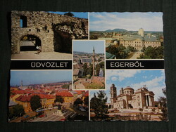 Képeslap, Eger,mozaik, Dobó I. szobor,Bazilika,vár múzeum,főiskola,látkép,részletek, 1975-