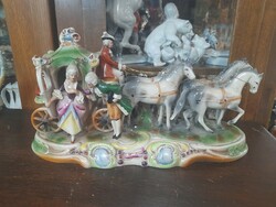 Német,Germany Lippelsdorf GDR 1951-1971 Négy Lovas Barokk Hintó,Porcelán Figura,Életkép.40 cm.