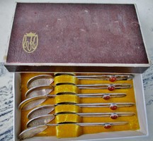 Nagyon szép régi  ezüstözött koktél vagy teáskanál készlet borostyán kövekkel, dobozában