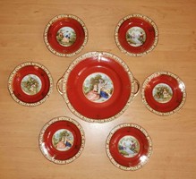 Altwien Karlsbad Stilmalerei K.M.K.  jelenetes porcelán süteményes készlet (ap)