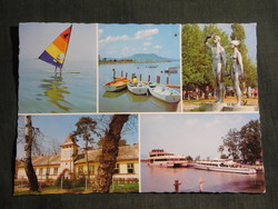 Képeslap,Fonyód Alsóbélatelep,mozaik,Balaton part,móló,üdülő,Emberpár szobor,részlet,1985-