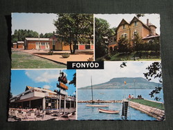 Képeslap, Fonyód  Alsóbélatelep, mozaik,Balaton part,móló,üdülő,Delta étterem,szálló,részlet,1978-