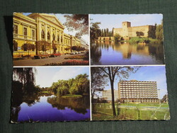 Képeslap, Gyula,mozaik, Vár,SZOT üdülő hotel,tó,városháza,szobor,látkép, részlet,1985-