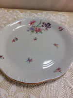 Zsolnay porcelán ritka, gyönyörű virágmintás kerek, tortás, süteményes kínáló tál arany széllel