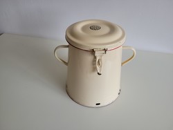 Régi zománcos vajszínű és piros 5 L fedeles edény bödön zománcozott zsírosbödön