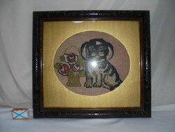 Puppy embroidered in an old carved wooden picture frame - wall picture, wall decoration