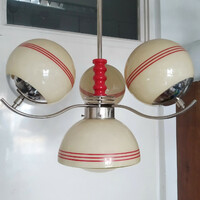 Art deco - Streamline - Bauhaus 3 karos, 4 égős nikkelezett csillár felújítva - krémszínű búrák