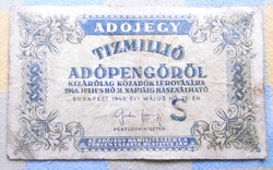 Bankjegyek Adójegy - 10 Millió Adópengő  T3