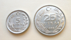 Törökország - 2 db-os Lot - 5 + 25 török Font - 1983 + 1985 - Kemal Atatürk