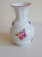 Régi pajzspecsétes Zsolnay porcelán váza, piros szegély, finom virágminta Hibátlan 14 cm