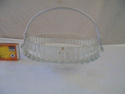 Retro üveg asztalközép, mogyoró, egyéb kínáló füles tálka - fém füllel