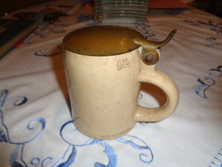 Antik német sörös krigli , gyűjtői darab , 1910. réztetővel , Lorenz & Co Dresden , 0,3 L
