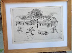 Győry Miklós:Malacka dísznótor Rézkarc 40x31 cm.Üvegezett kerettel.