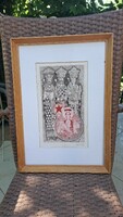 Győry Miklós: Háromkirályok. Mérete33x47 cm.Üvegezett kerettel.