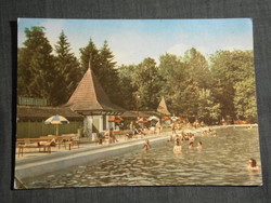 Képeslap,Harkány,Gyógyfürdő,strand fürdő,medence,kabin,öltöző épület látkép, részlet,1962-