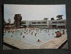 Képeslap,Harkány,Gyógyfürdő,Fedett fürdő,napozó, medence,épület látkép, részlet,1975-