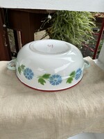 Bonyhádi 28 cm-es 2 fülű zománcos zomàncozott virágos  tál pogácsás nosztalgia darab falusi