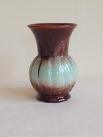 Antik régi art deco barna türkiz csurgatott celadon mázas bordás fajansz kerámia váza 13 cm