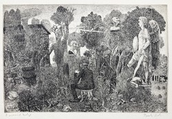 Berki Viola (1932-2001): A szomszéd kertje, jelzett rézkarc, 1984 - Rézkarcoló Művészek