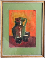 Csendélet vázával és poharakkal (olajfestmény kerettel) Lőrincz ? azonosítatlan festő