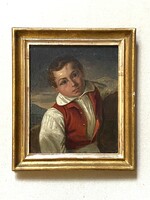 FIATAL FIÚ VÖRÖS MELLÉNYBEN ANTIK OLAJ KARTON BIEDERMEIER PORTRÉ FESTMÉNY ARANY SZÍNŰ FA KERETBEN