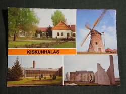 Képeslap,Kiskunhalas,mozaik,emlékmű,csipkeház,szélmalom látkép,részlet, 1982-