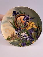 GYÖNYÖRŰ!! Antik fajansz íriszes váras dísztál falitál 44,5 cm