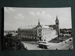Képeslap, Keszthely,gimnázium, templom, Ikarus busz látkép,részlet, 1965-
