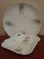Antik ibolyás bécsi PLS porcelán kínáló tálca és füles tál