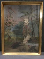 ANTIK KÜLÖNLEGES JAPÁN FESTMÉNY SELYEM RÁTÉTTEL!!!!!  52X40 cm!!