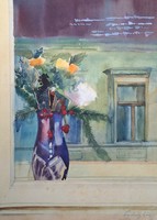 Endrédy György (1910-1988): Virágcsendélet ablakban (keretezett akvarell) kárpátaljai szárm. festő