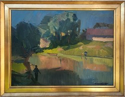 Id. Benedek Jenő (1906 - 1987) Vízparti táj Képcsarnokos olajfestmény 92x72cm EREDETI GARANCIÁVAL