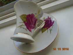 Újszerű rózsás kávés csésze alátéttel , modern formával "Morning Rose" arany jelzéssel