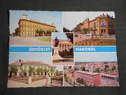 Képeslap,Makó,mozaik,tanácsháza,iskola,park,Kossuth szobor,Korona hotel látkép,részlet, 1972-