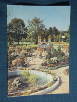 Képeslap, Mátrafüred, Díszes törpe város, park, szökőkút látkép,részlet, 1965-