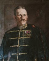 XIX. századi, Osztrák-Magyar Monarchiás tiszti portré, nemesi címerrel! Olaj/vászon, 69x55cm!