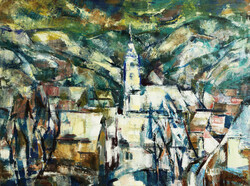 Vati József (1927-2017) Tájkép Templommal 60x80cm Olaj Vászon | Domboldal Városkép Hegy Falu Utcakép