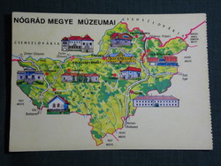 Képeslap,térképes, Nógrád megye múzeumai,látkép,részlet,Salgótarján,Bánk,Horpács,Pásztó 1982-