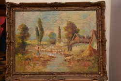 Nagyméretű olajfestmény: Mátrai-Makovits J.   Falusi életkép