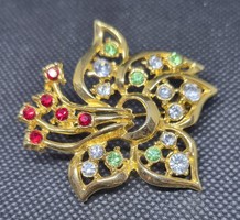 Vintage virág alakú, piros, zöld, víztiszta kristály berakásos bross kitűző