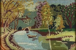 1S172 Régi vízparti táj gobelin aranyozott keretben 28.5 x 40 cm