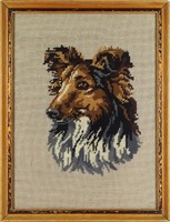 1S173 Régi kutya portré gobelin keretben 38 x 29 cm