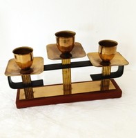 Réz, teakfa,acél, art deco stílusú, gyertyatartó, 1930-1950-es évek