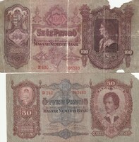 2 db. Pengő sor '30 as évekből (100 és 50 benkjegy) egyben